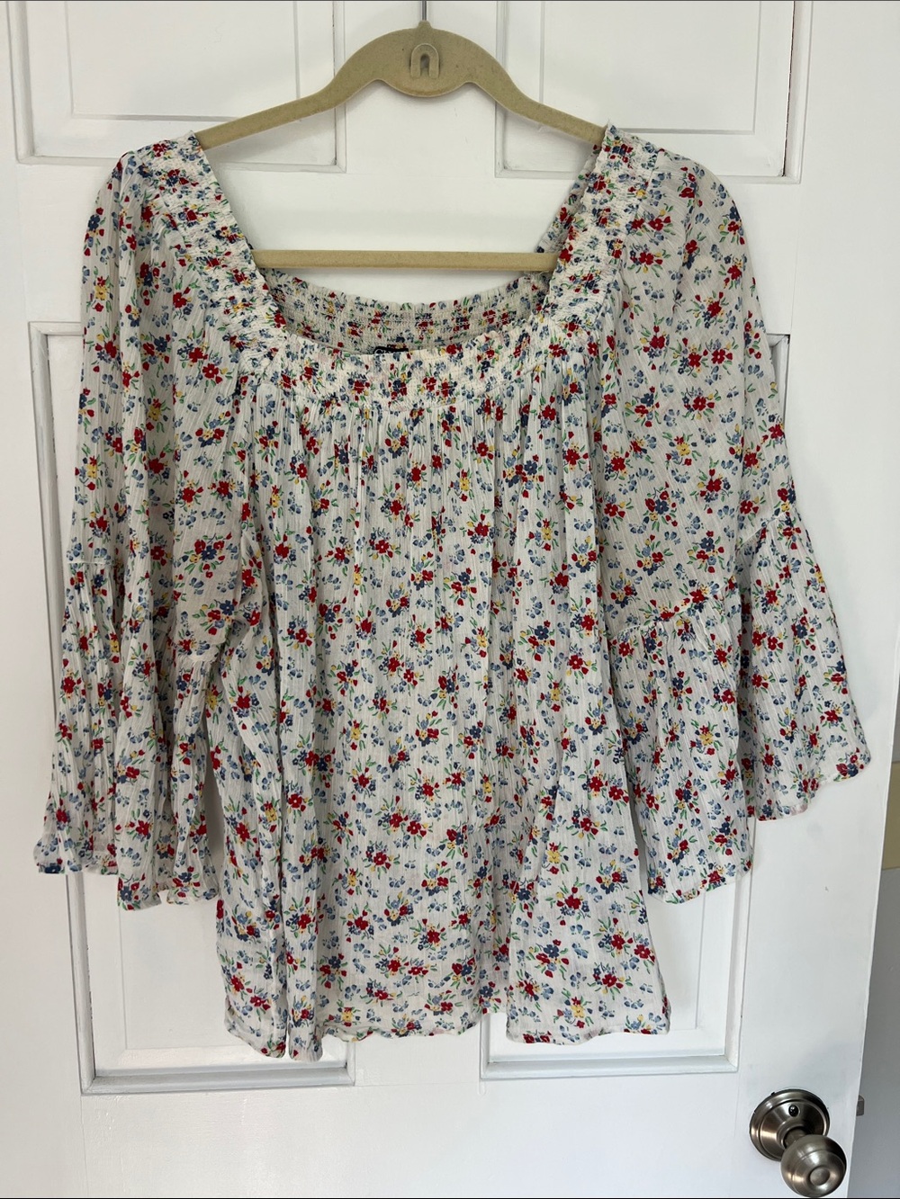 Chaps White Floral Peasant Blouse with Red & Blue Flowers